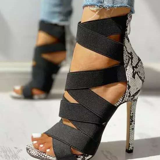 Damen High Heel Sandalen mit elastischen Riemen und stylischem Schlangenleder-Design EB
