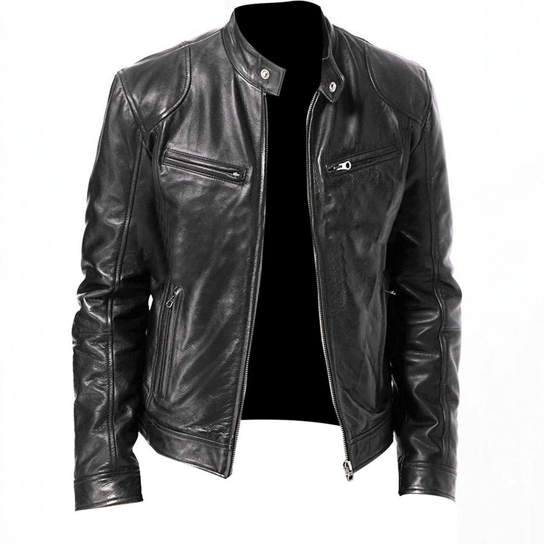 Herren nan vintage-inspirierte Lederjacke im Bikerstil mit Stehkragen und sichtbaren Reißverschlüssen EB