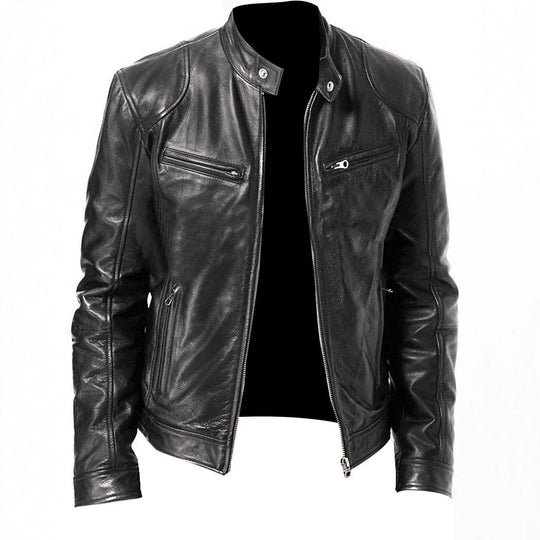 Herren nan vintage-inspirierte Lederjacke im Bikerstil mit Stehkragen und sichtbaren Reißverschlüssen EB
