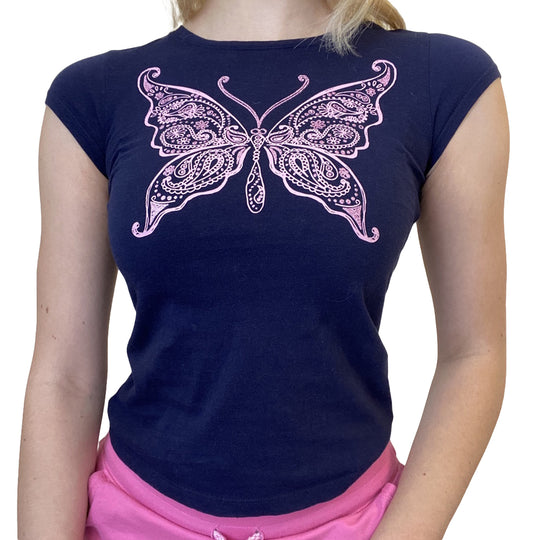 Damen lässiges Grafik-Crop-Top mit Rundhals-Ausschnitt EB