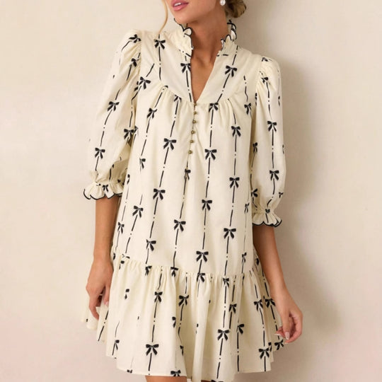 Damen luftiges Freizeitkleid mit Rüschen und zartem Schleifenprint EB