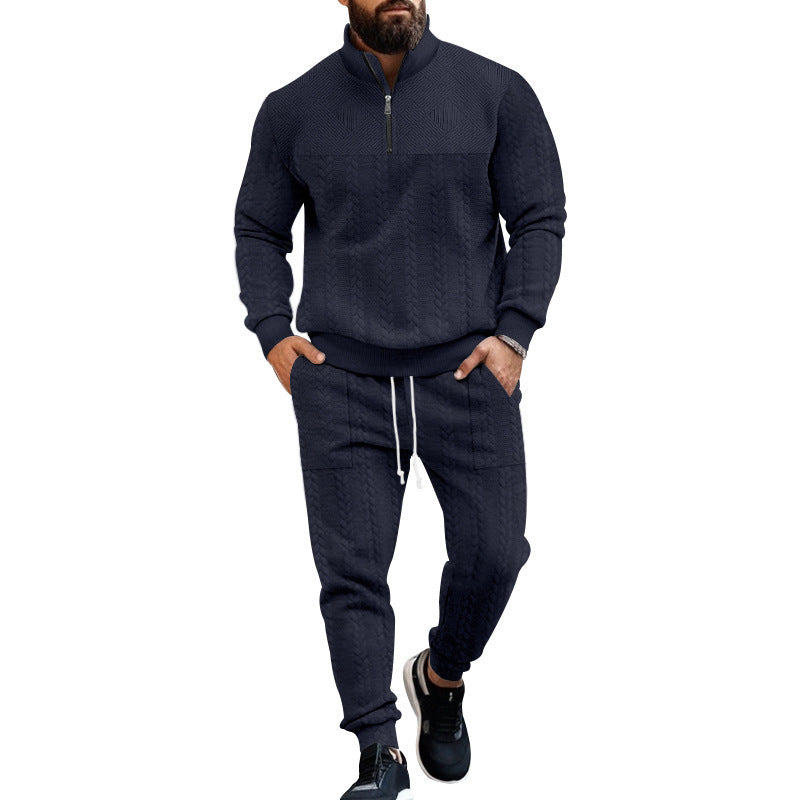 Herren nan Strick-Trainingsset mit halbem Reißverschluss, Zopfmuster-Pulli und Kordelzug-Jogger EB