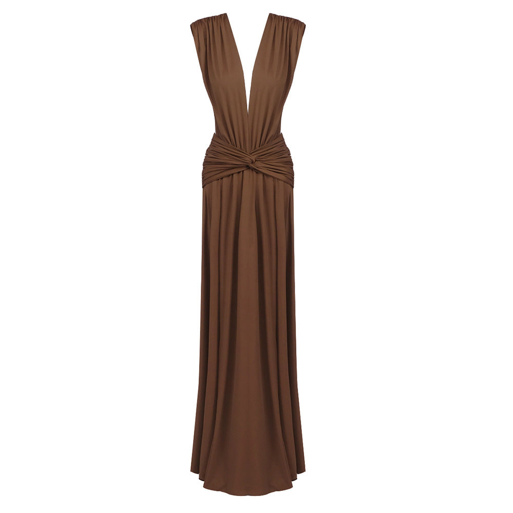 Damen elegantes Maxikleid mit tiefem V-Ausschnitt und drapiertem Bund EB