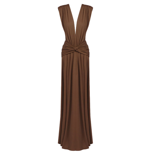 Damen elegantes Maxikleid mit tiefem V-Ausschnitt und drapiertem Bund EB