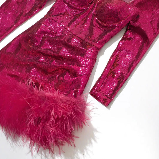 Damen Glitzerndes Cocktailkleid mit Puffärmeln und Federn EB