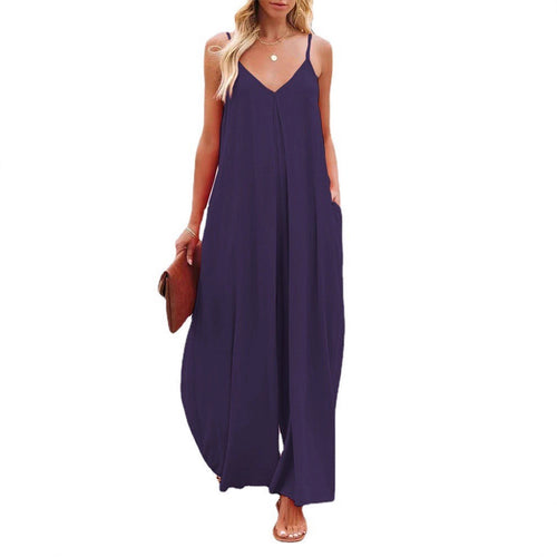 Damen Maxi-Jumpsuit mit elegantem V-Ausschnitt und seitlichen Taschen EB