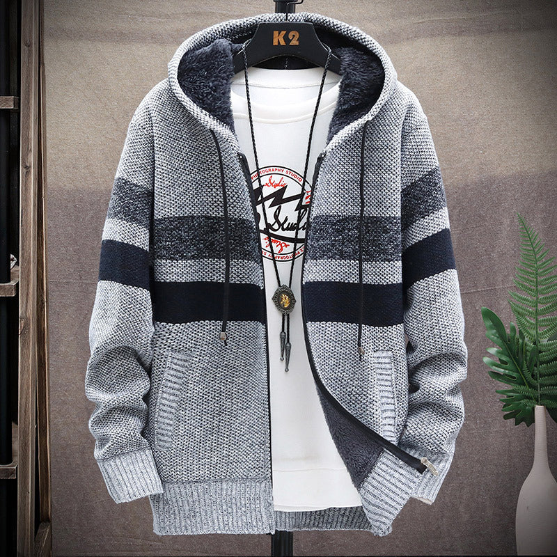 Herren modische Strickjacke mit Kapuze und gestreiftem Design EB