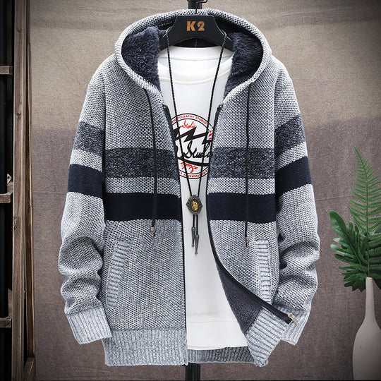 Herren modische Strickjacke mit Kapuze und gestreiftem Design EB