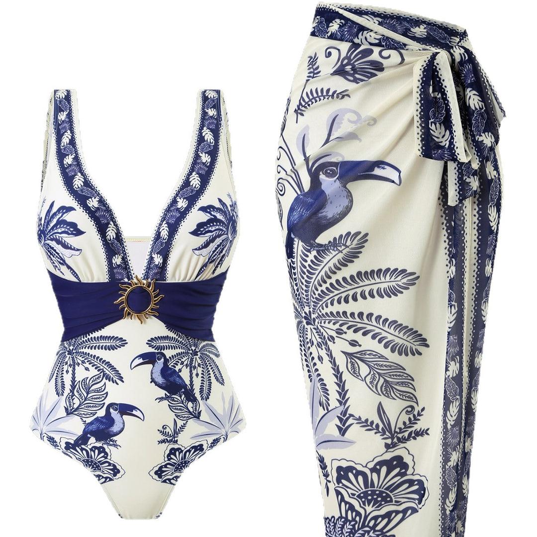 Damen Einteiliger Badeanzug mit floralem Design und elegantem Wickelrock EB