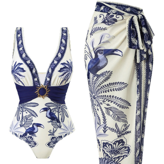 Damen Einteiliger Badeanzug mit floralem Design und elegantem Wickelrock EB