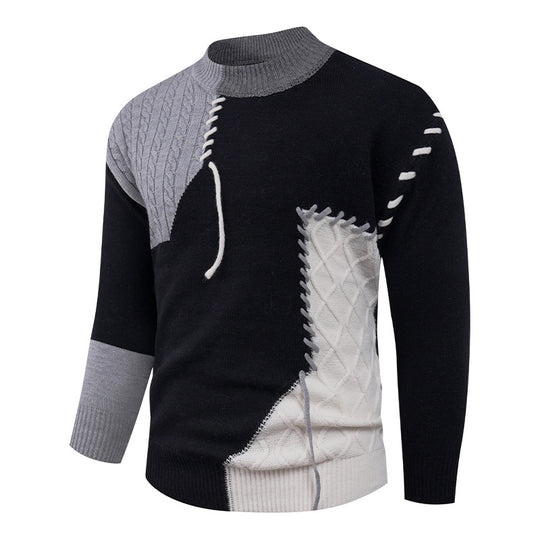 Herren nan Patchwork-Strickpullover mit Zopfstrick-Einsätzen und dekorativen Nahtapplikationen EB