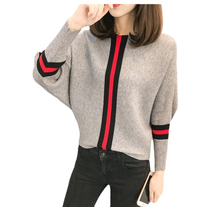Damen sportlicher Strickpullover mit breiten Ärmeln und kreativen Streifen EB