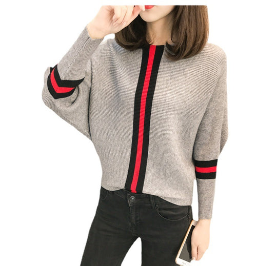 Damen sportlicher Strickpullover mit breiten Ärmeln und kreativen Streifen EB