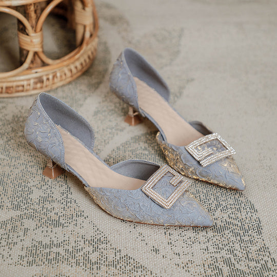 Damen elegante Sling-Pumps mit kunstvollem Blumenrelief und funkelndem Schmuck EB