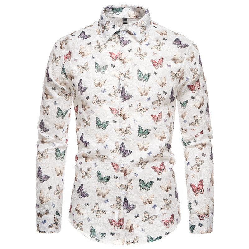 Herren langärmliges Hemd mit floralem Schmetterlingsmuster EB