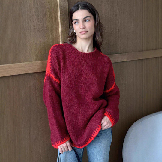 Damen kuscheliger Strickpullover mit kontrastierenden Akzentdetails EB
