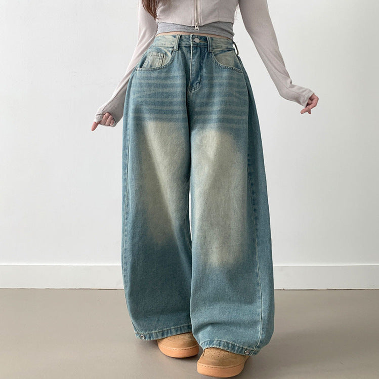 Damen Weite High-Waist Denim-Hose mit Faltenwurf EB