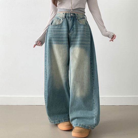 Damen Weite High-Waist Denim-Hose mit Faltenwurf EB
