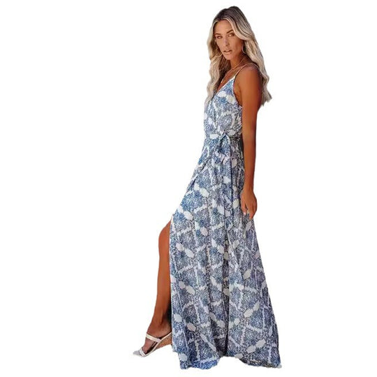 Damen elegantes Maxi-Kleid mit Chic-Wickel-design und seitlichem Schlitz EB