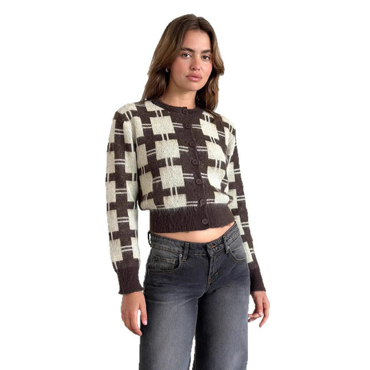 Damen cropped Strickjacke mit modernem Karomuster und knöpfbarem Design EB