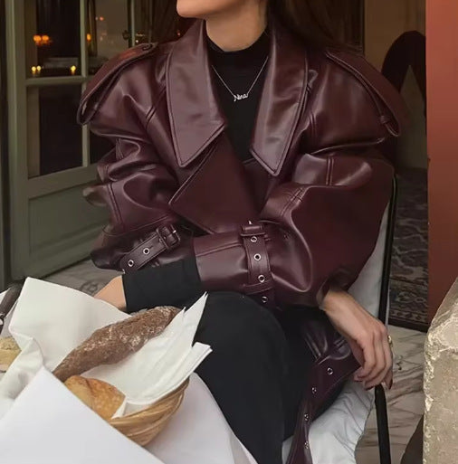Damen Trendige Oversized jacke mit strukturierten Schulterpolstern und Taillengürtel EB