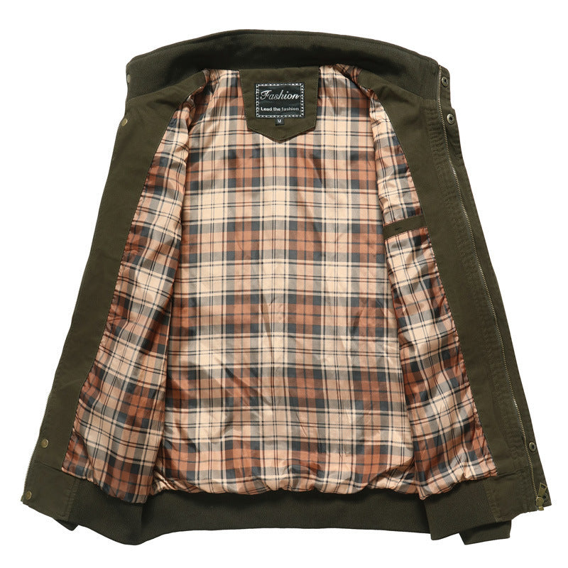 Herren Canvas-Bomberjacke mit kariertem Innenfutter, Stehkragen und Abzeichenapplikationen EB
