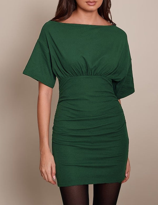 Damen figurbetontes Wickelkleid mit Raffungen und weiten Ärmeln EB