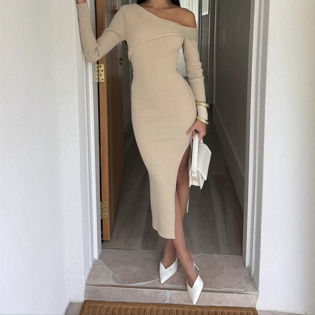 Damen nan eng anliegendes One-Shoulder-Rippenkleid mit asymmetrischem Ausschnitt und figurbetonter Midi-Silhouette EB