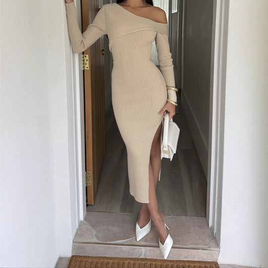 Damen nan eng anliegendes One-Shoulder-Rippenkleid mit asymmetrischem Ausschnitt und figurbetonter Midi-Silhouette EB