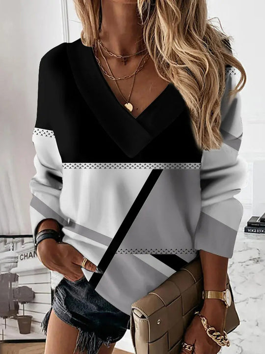 Damen Colorblock V-Ausschnitt Sweatshirt mit grafischem Print EB