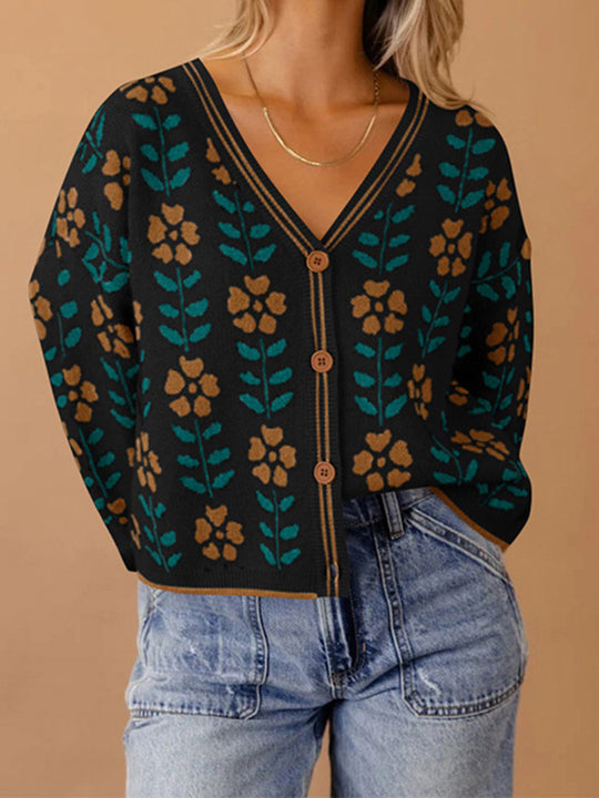 Damen Strickjacke mit floralem Design und Knopfdetails EB