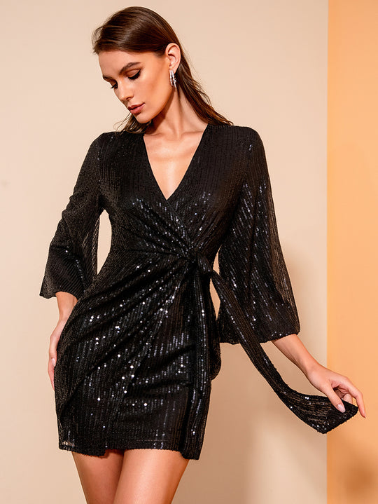 Damen Glitzerndes Wickelkleid mit langen Ärmeln und hohe Beinschlitz EB