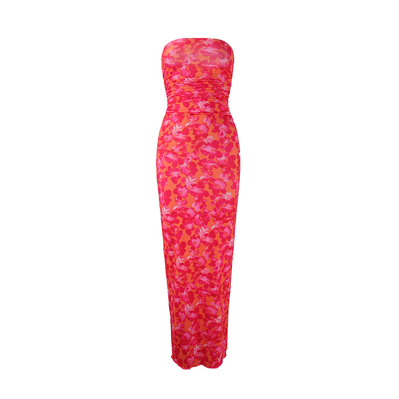 Damen elegantes, trägerloses Maxikleid mit raffiniertem Mustermix EB