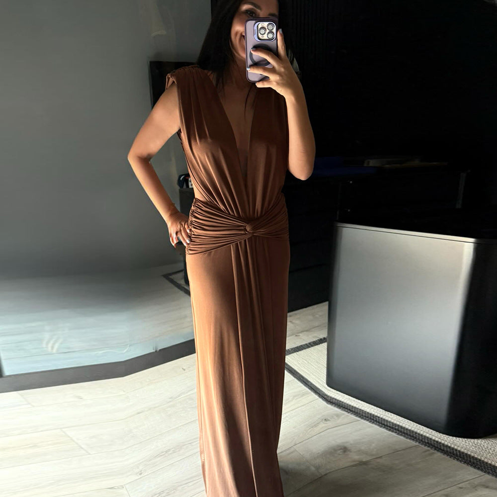 Damen elegantes Maxikleid mit tiefem V-Ausschnitt und drapiertem Bund EB