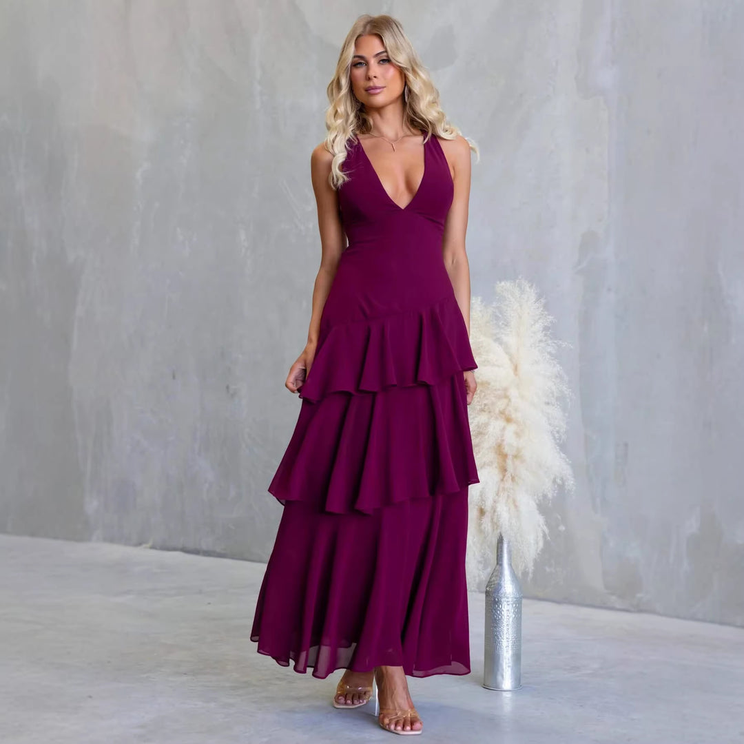 Damen Maxikleid mit verführerischen Rüschenschichten und tiefem V-Ausschnitt EB