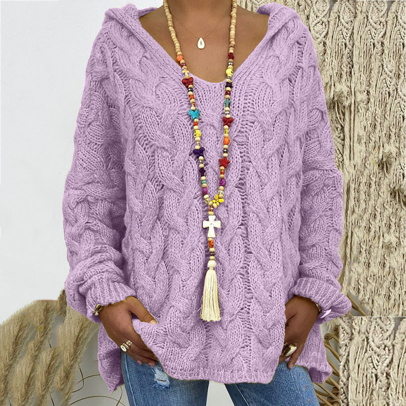 Damen nan grob gestrickter Kapuzenpullover mit Zopfmuster und weitem Oversize-Schnitt EB