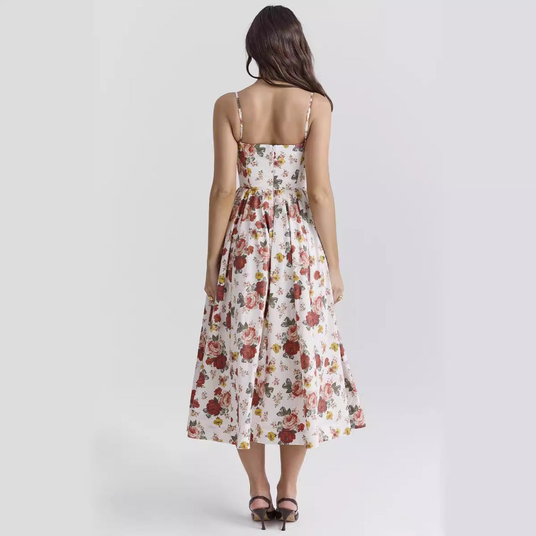 Damen Midi-Blumenkleid mit trägerlosem Stil und schwingendem Rock EB