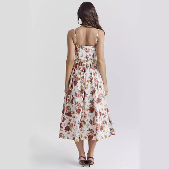 Damen Midi-Blumenkleid mit trägerlosem Stil und schwingendem Rock EB