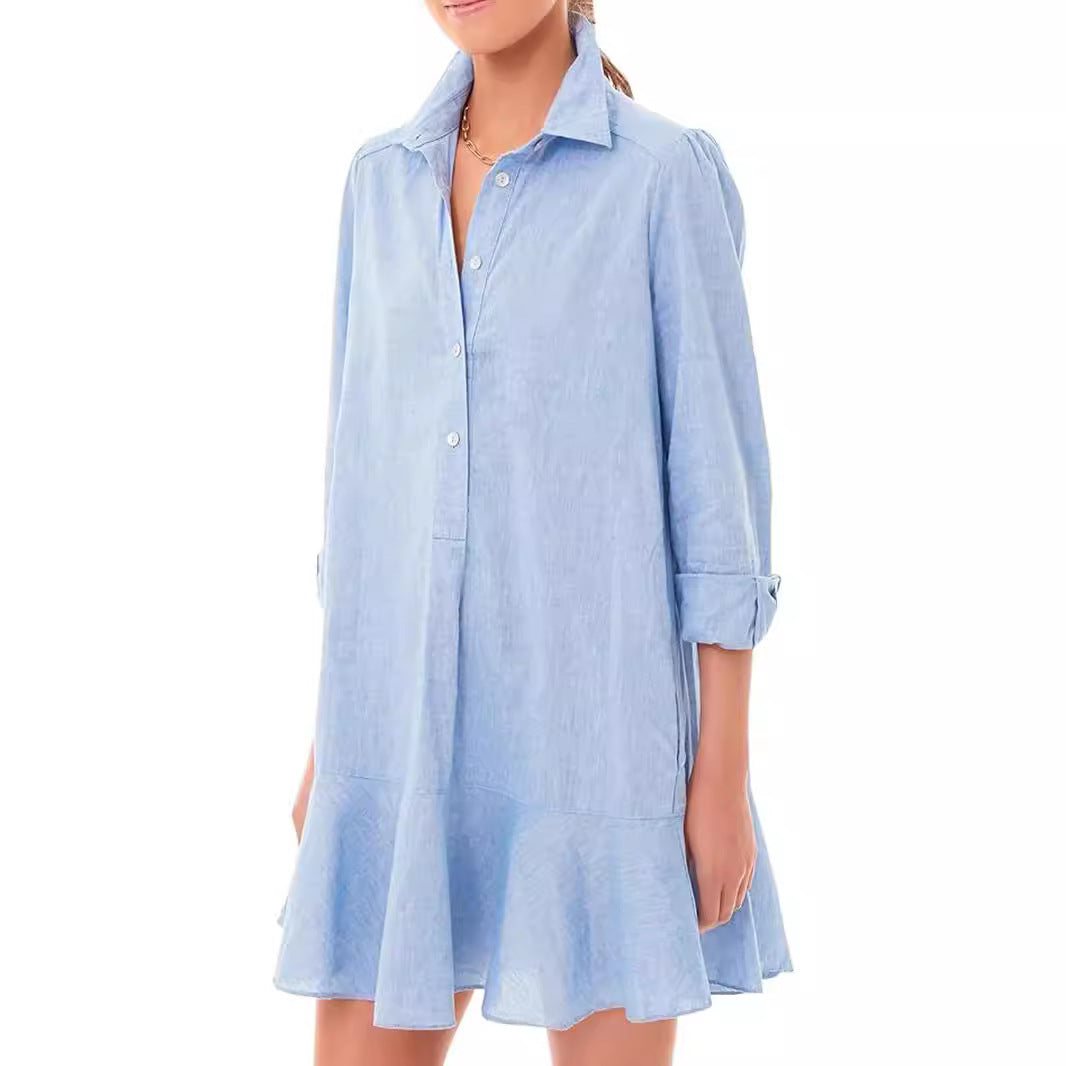 Damen Hemdkleid mit fließendem Saum und langen Ärmeln EB