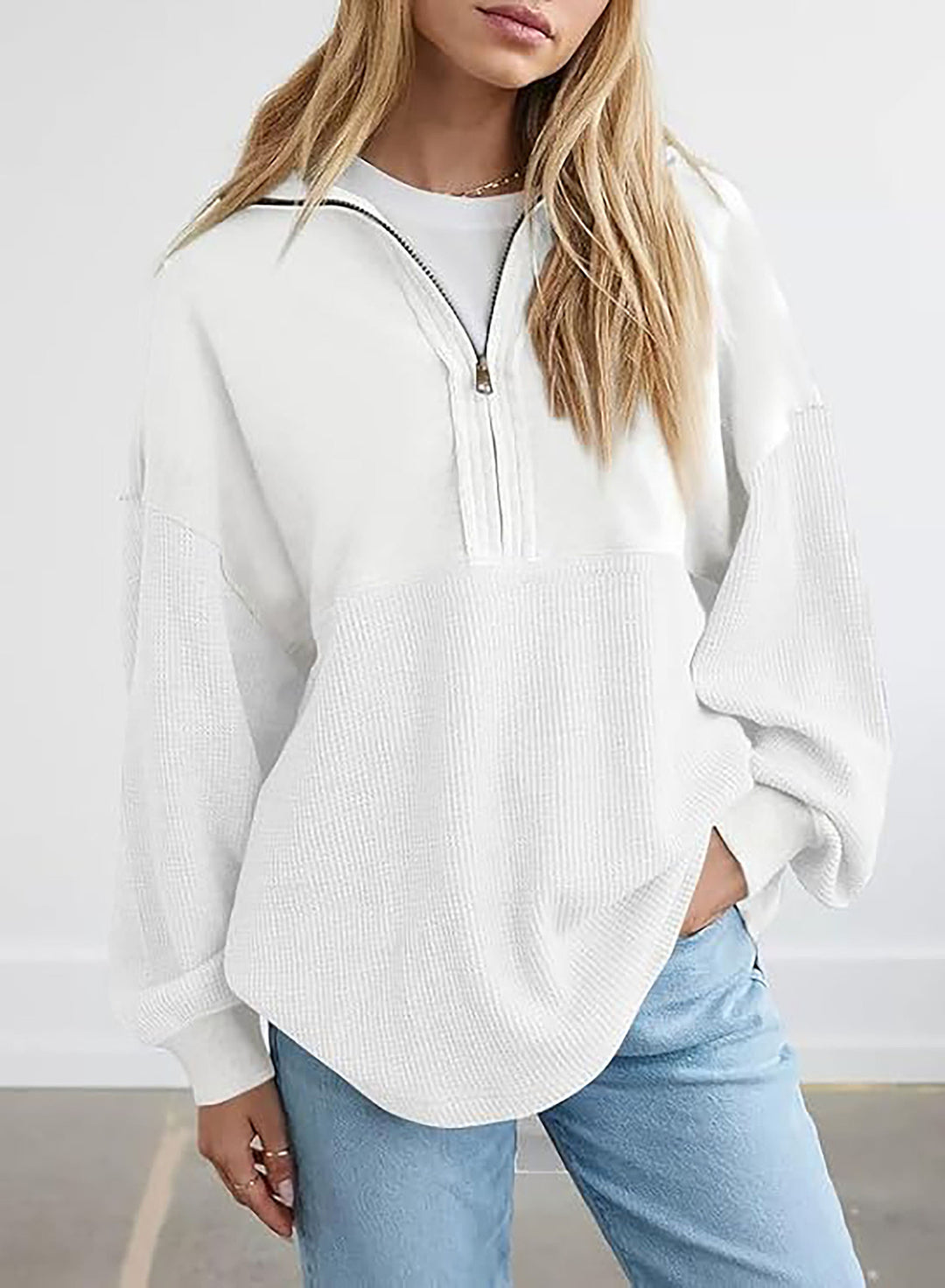 Damen lässiger Kapuzenpullover mit halblangem Reißverschluss und strukturiertem Material EB