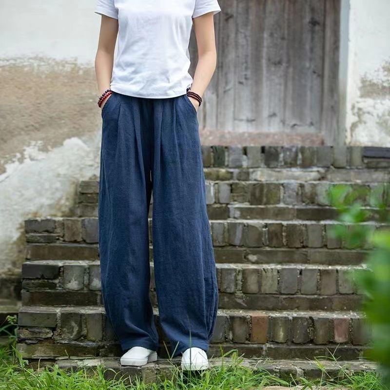 Damen weite Leinenhose mit elastischem Bund und seitlichen Taschen EB