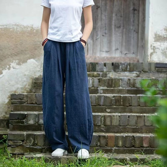 Damen weite Leinenhose mit elastischem Bund und seitlichen Taschen EB