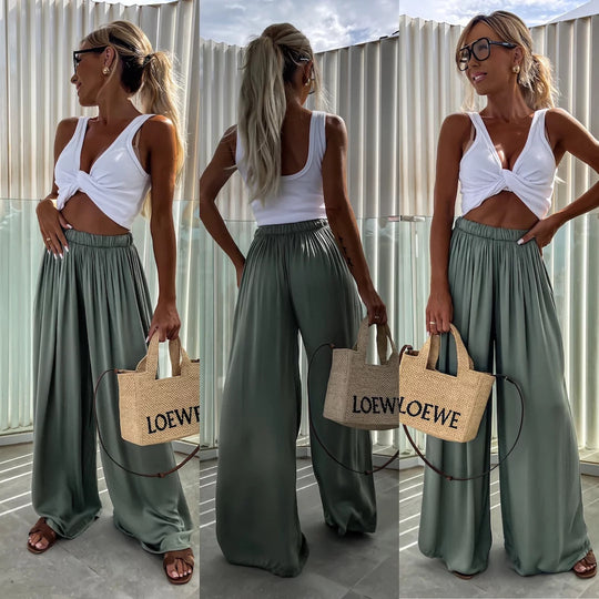 Damen weit geschnittene Palazzo-Hose mit hohem elastischem Bund und fließendem Jersey EB
