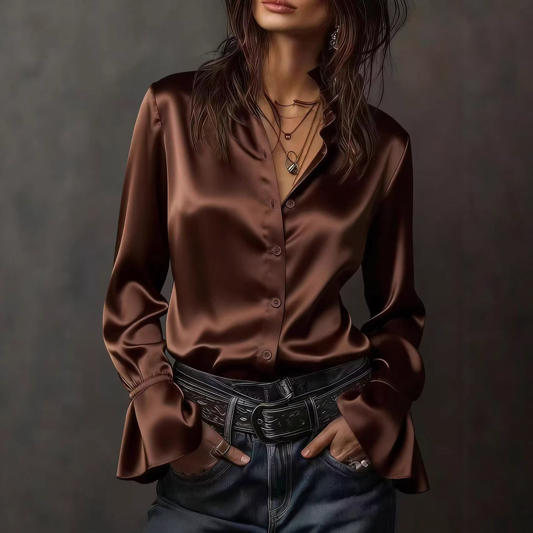 Damen Elegante Seidenbluse mit Raffungen an den Ärmeln EB