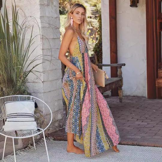 Damen Maxikleid mit lässigem V-Ausschnitt und verspieltem Muster EB