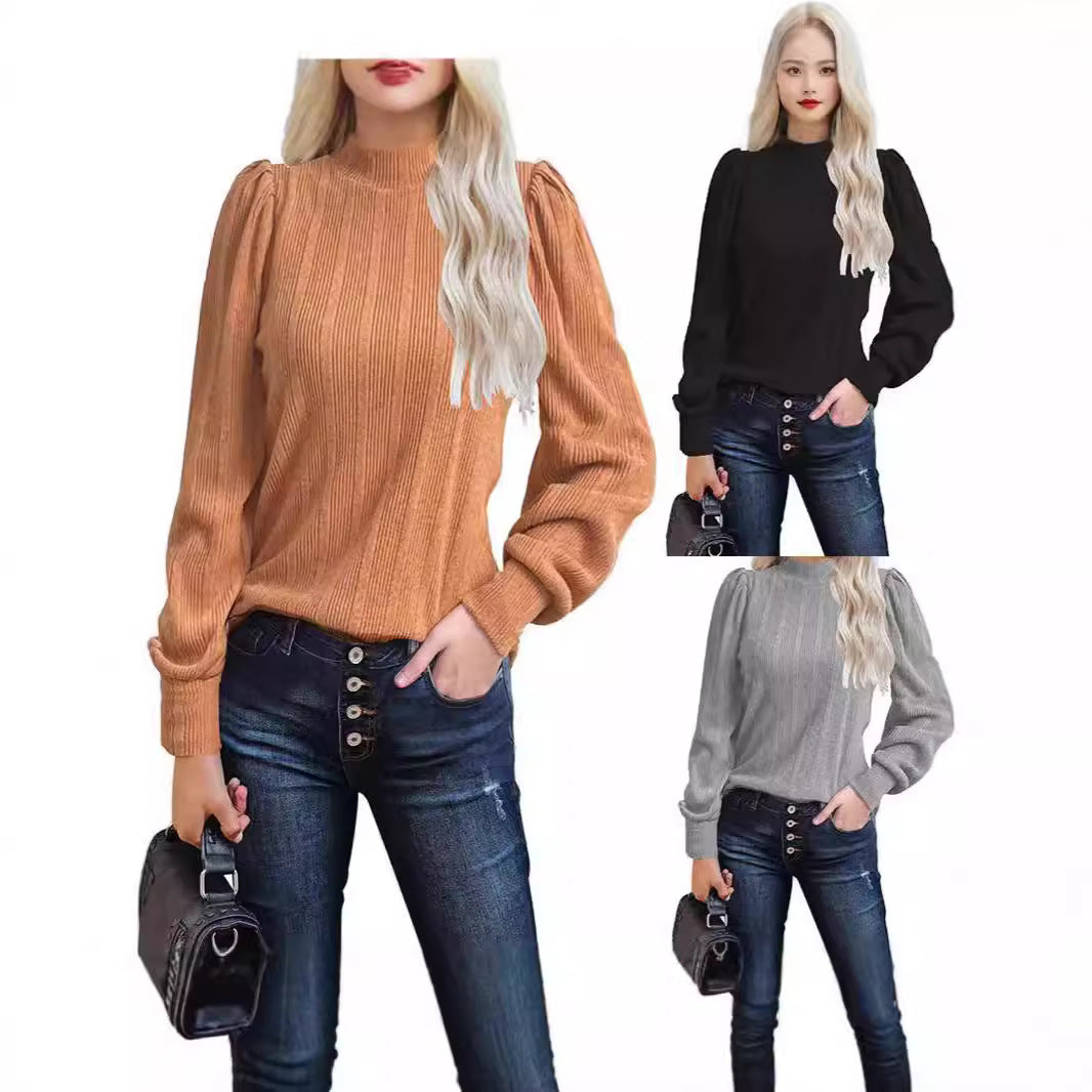 Damen trendiger Pullover mit schmalem Stehkragen und Puffärmeln EB