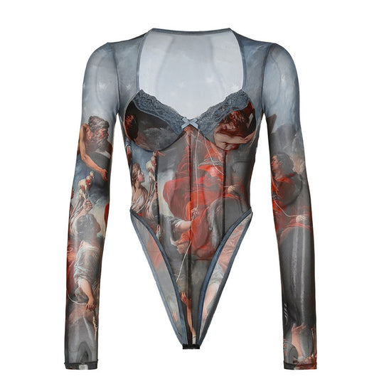 Damen Transparente Bodys mit kunstvollem Print EB