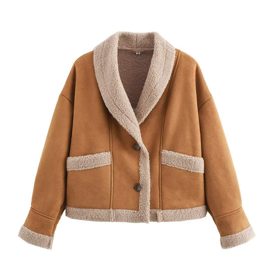Damen kuschelige Übergangsjacke mit weichem Innenfutter und modischem Revers EB