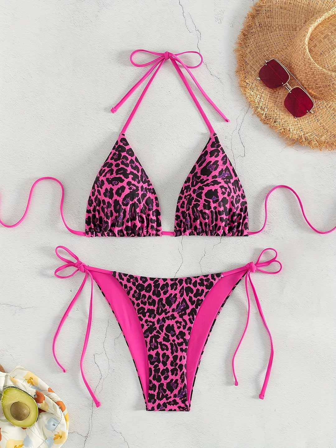 Damen Triangel-Bikini-Set mit modischem Animal-Print und verstellbaren Bindebändern EB