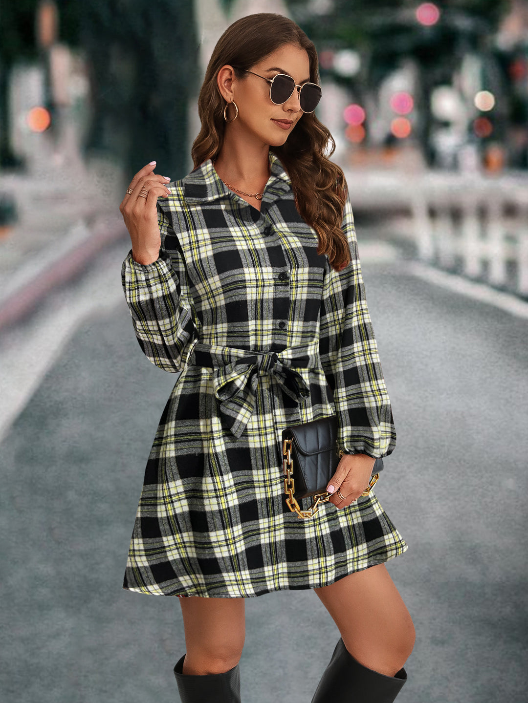 Damen Karohemdkleid mit Bindegürtel und langen Ärmeln EB